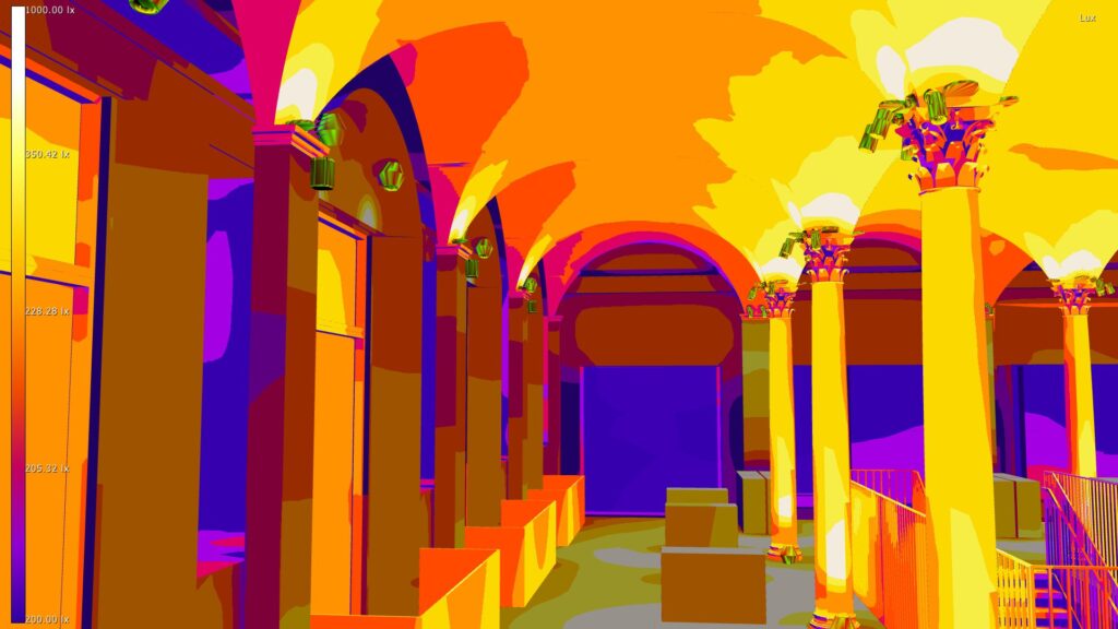 3D heatmap af belysningsniveauer, som tager hensyn til indretning og lokale. Viser hvordan lyset vil blive endeligt.